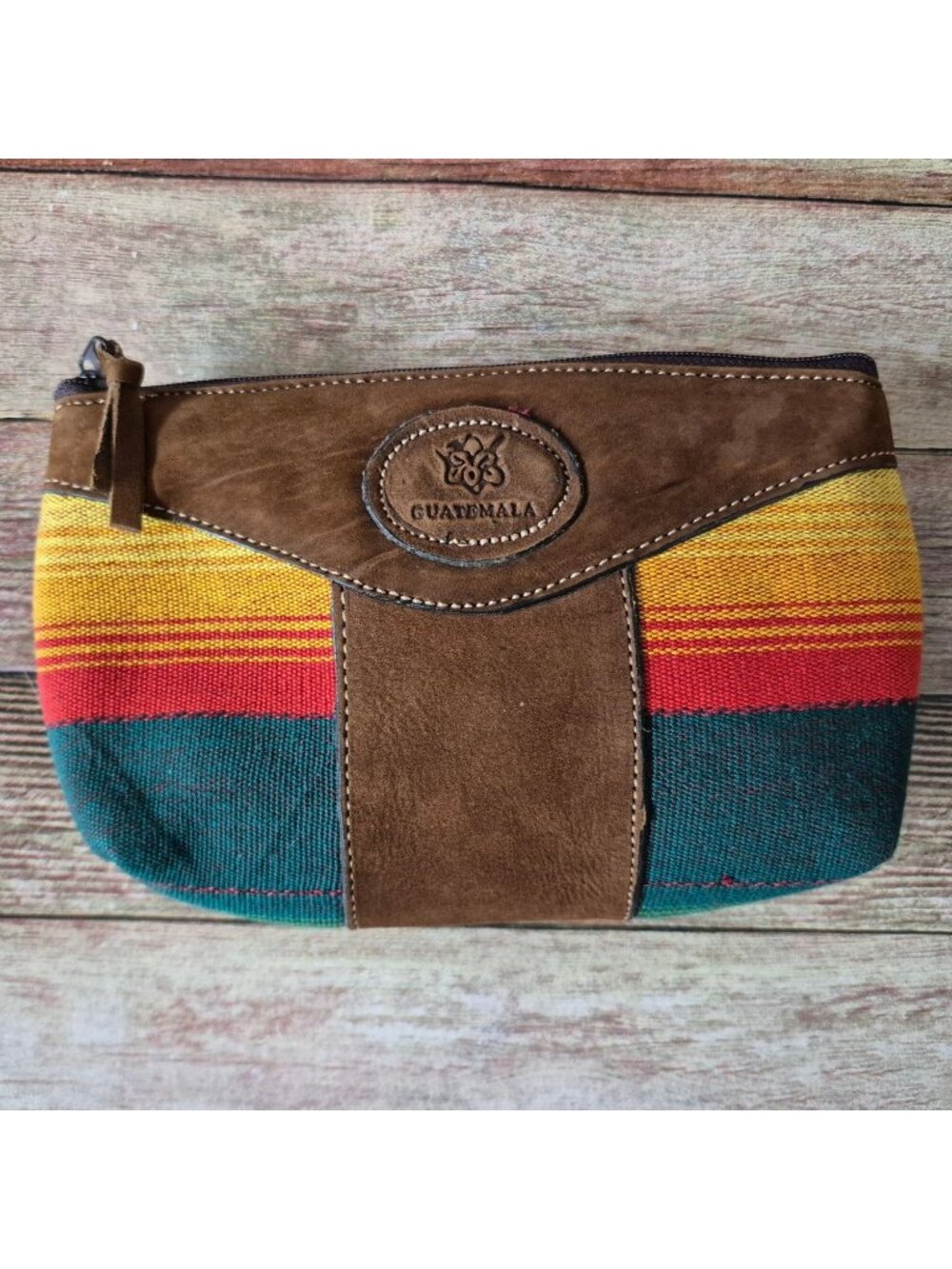 Handmade Guatemalan Leather & Woven Material Clutch Purse Cosmetic Bag 7.5" x 5"